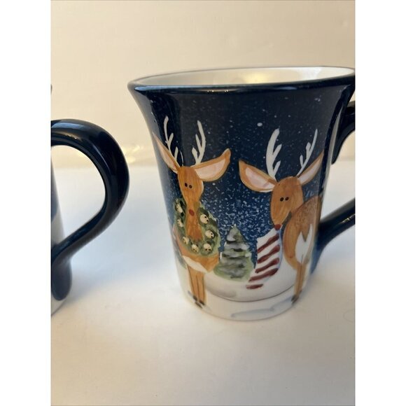 Pair Hand Painted Collectible ND Ceramic Christmas Coffee Mug  Reindeer Snowman - Picture 3 of 8